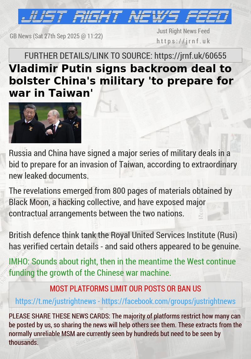 Vladimir Putin signs backroom deal to bolster China’s military ’to prepare for war in Taiwan’