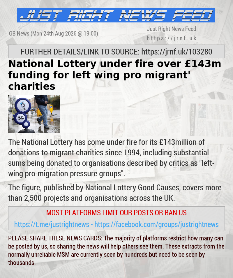 National Lottery under fire over &pound;143m funding for ‘left—wing pro—migrant’ charities