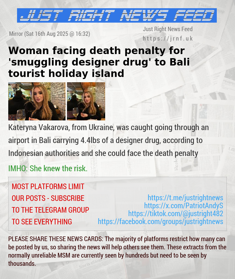 Woman facing death penalty for ’smuggling designer drug’ to Bali tourist holiday island