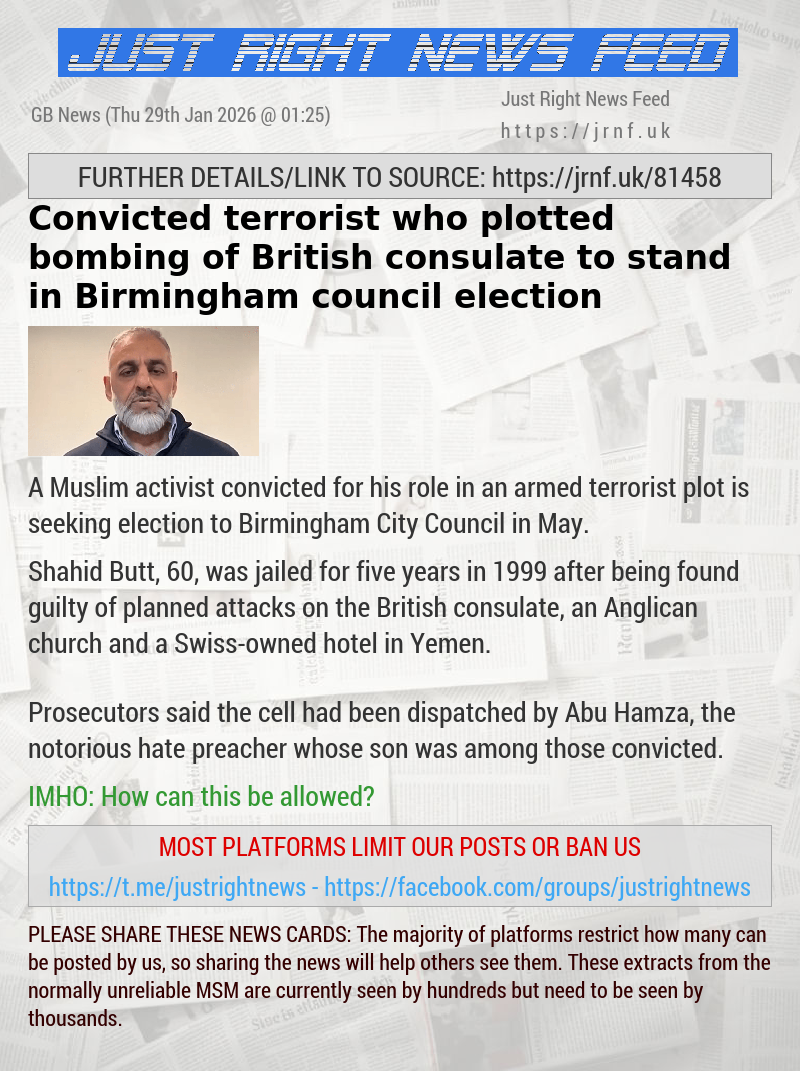 Convicted terrorist who plotted bombing of British consulate to stand in Birmingham council election