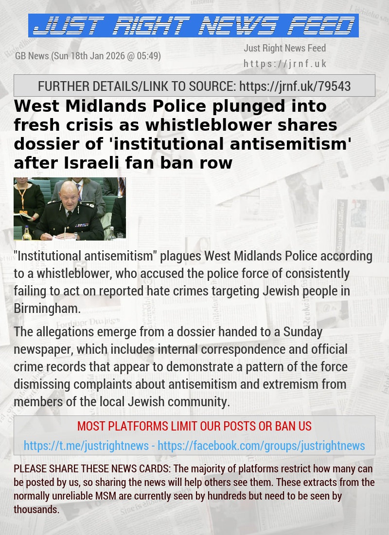 West Midlands Police plunged into fresh crisis as whistleblower shares dossier of ’institutional antisemitism’ after Israeli fan ban row