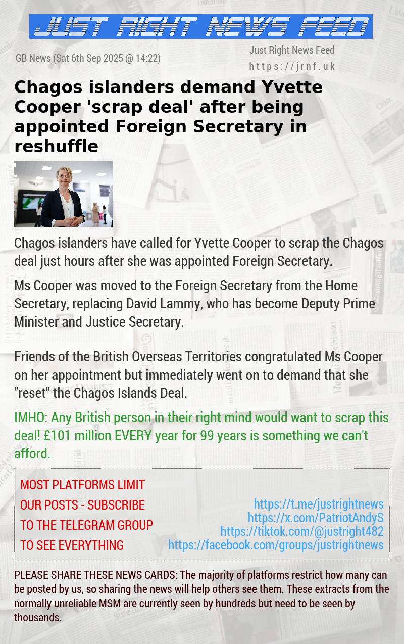 Chagos islanders demand Yvette Cooper ’scrap deal’ after being appointed Foreign Secretary in reshuffle