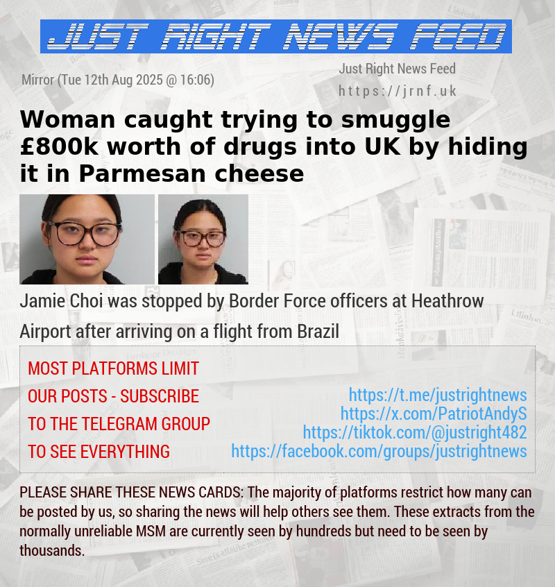 Woman caught trying to smuggle &pound;800k worth of drugs into UK — by hiding it in Parmesan cheese