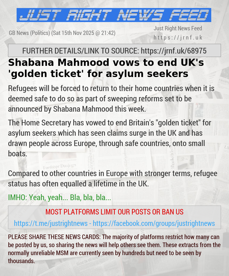 Shabana Mahmood vows to end UK’s ‘golden ticket’ for asylum seekers