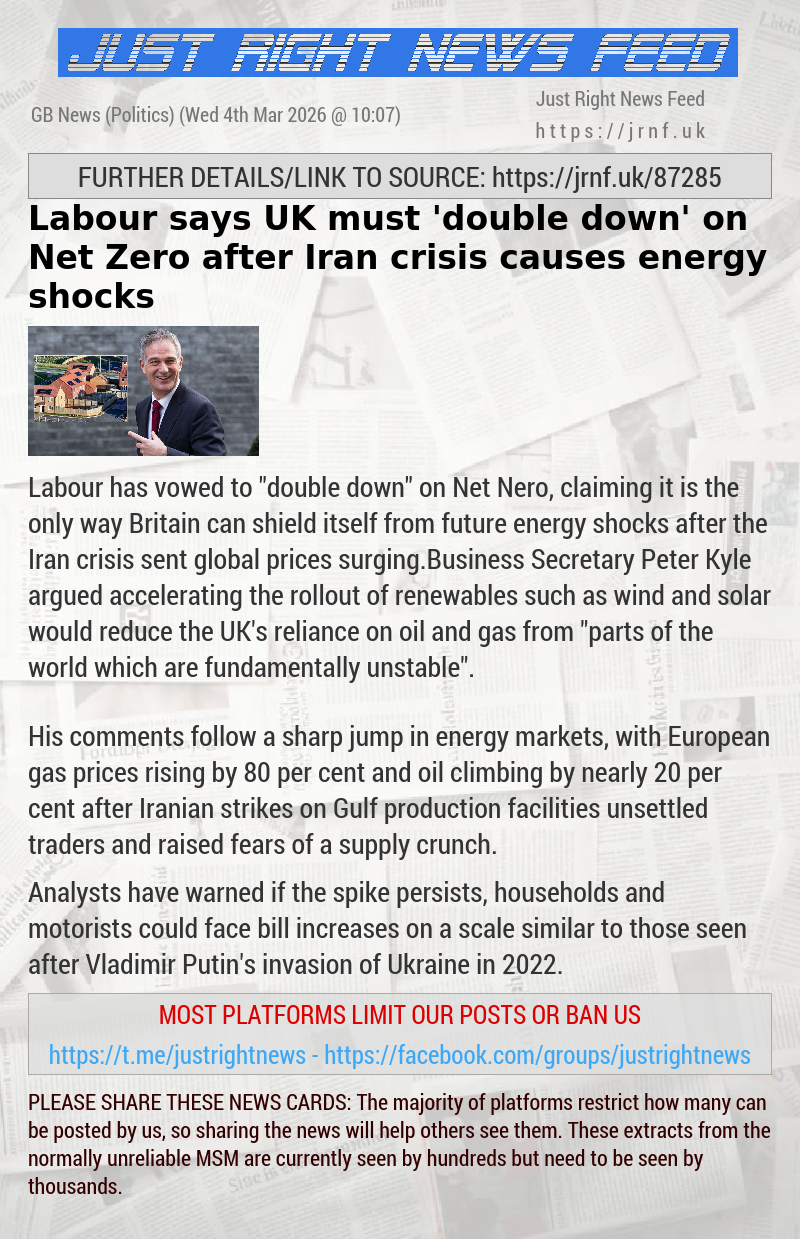 Labour says UK must ’double—down’ on Net Zero after Middle East crisis causes energy shocks