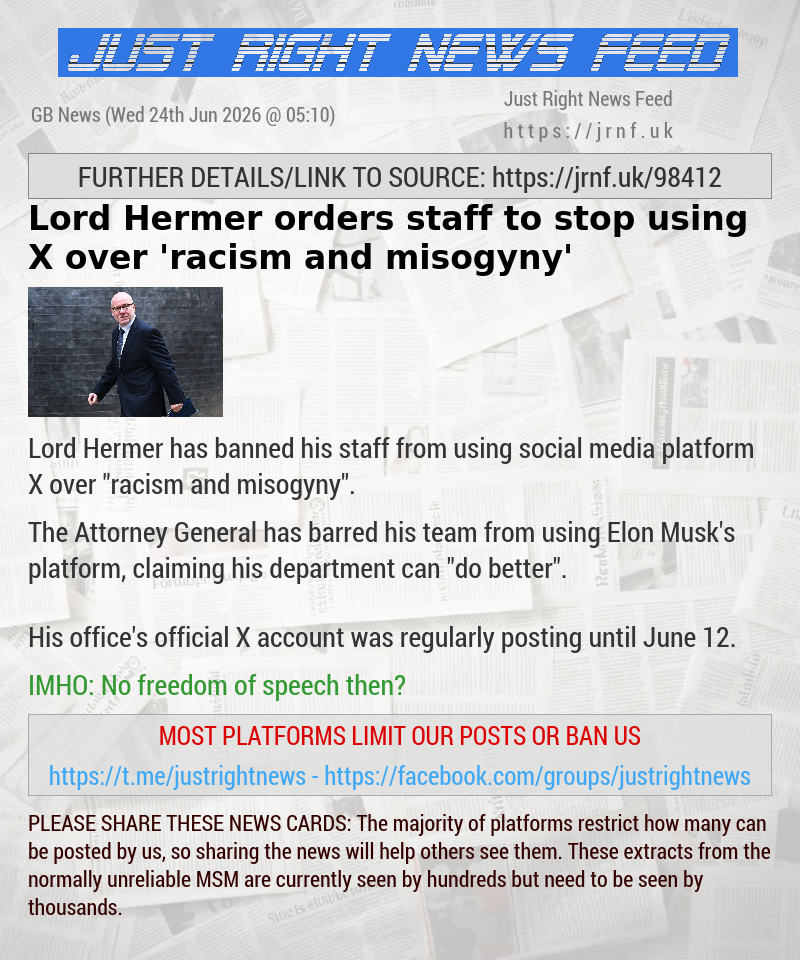 Lord Hermer orders staff to stop using X over ’racism and misogyny’
