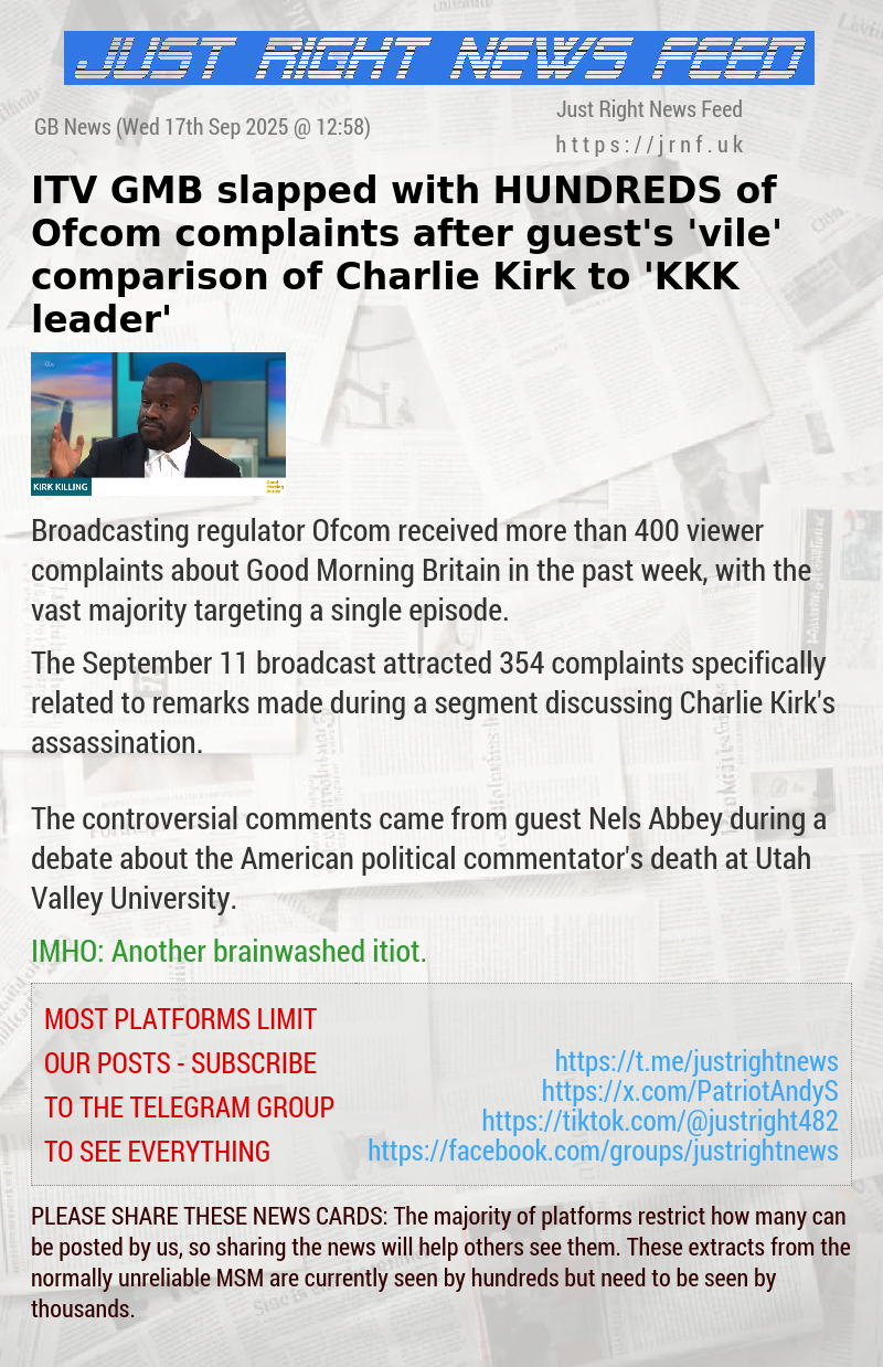 ITV GMB slapped with HUNDREDS of Ofcom complaints after guest’s ’vile’ comparison of Charlie Kirk to ’KKK leader’