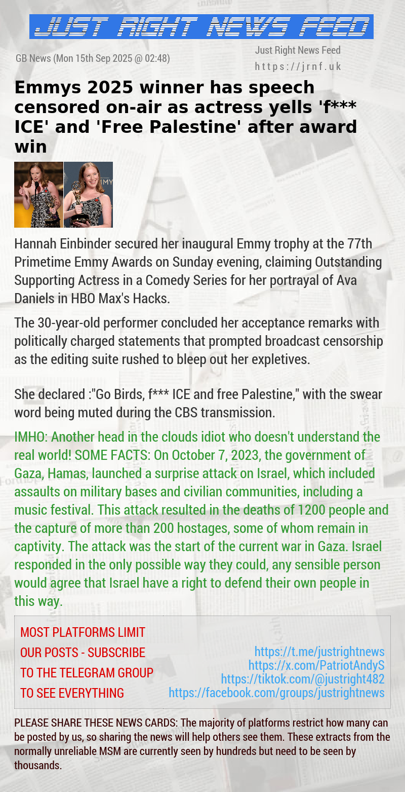 Emmys 2025 winner has speech censored on—air as actress yells ’f*** ICE’ and ’Free Palestine’ after award win
