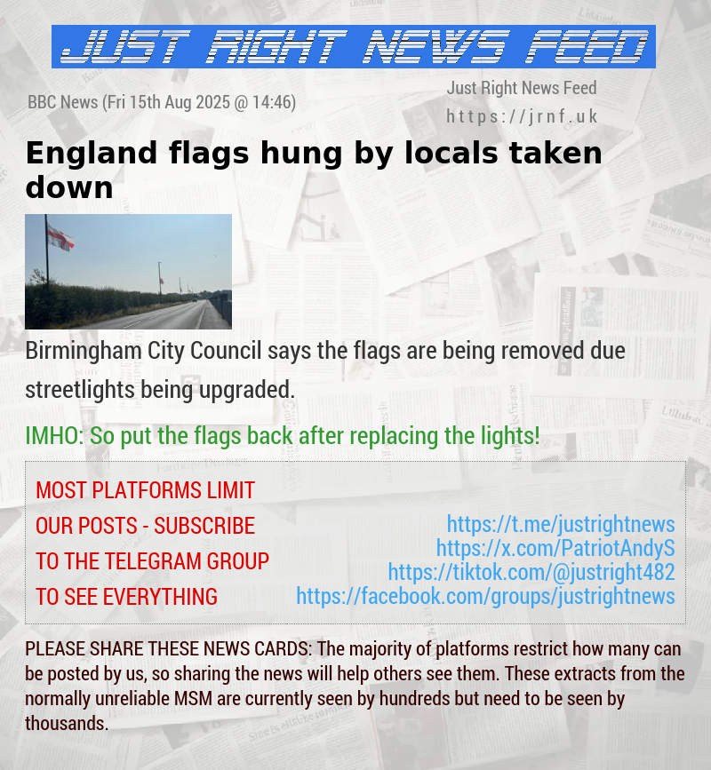 England flags hung by locals taken down