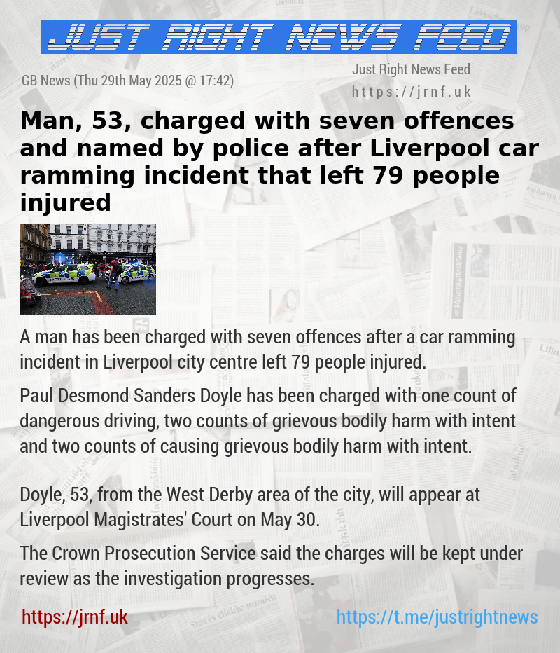 Man, 53, charged with seven offences and named by police after Liverpool car ramming incident that left 79 people injured