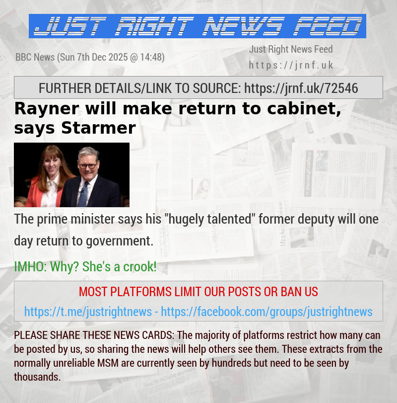 Rayner will make return to cabinet, says Starmer