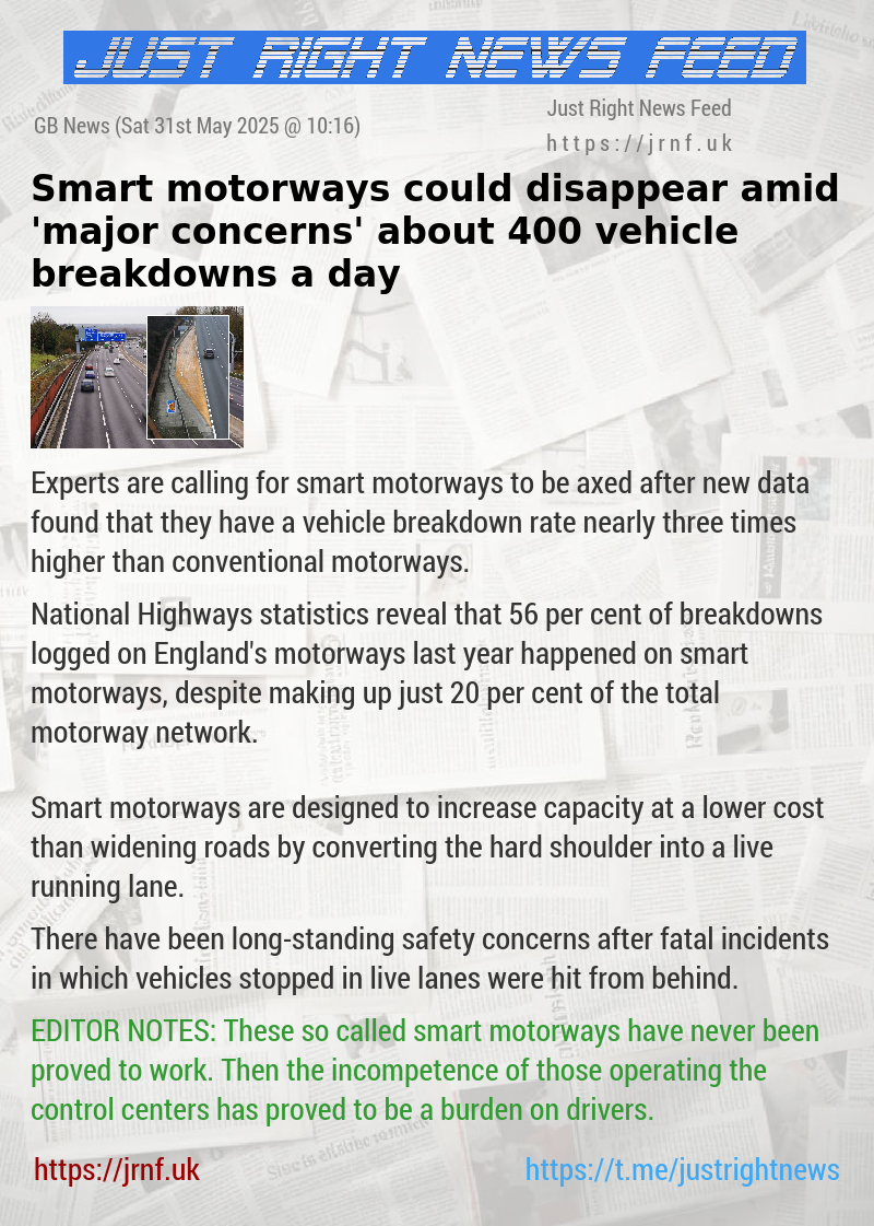 Smart motorways could disappear amid ’major concerns’ about 400 vehicle breakdowns a day