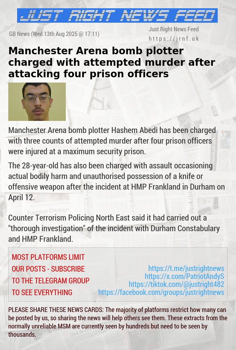 Manchester Arena bomb plotter charged with attempted murder after attacking four prison officers