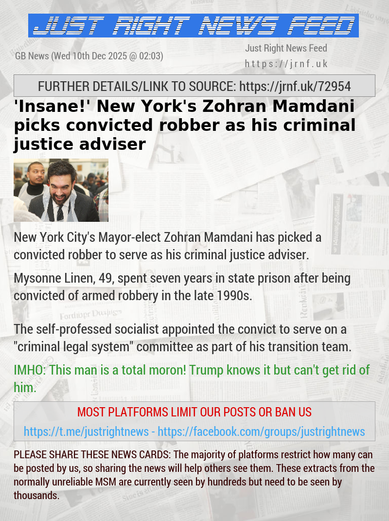 ’Insane!’ New York’s Zohran Mamdani picks convicted robber as his criminal justice adviser