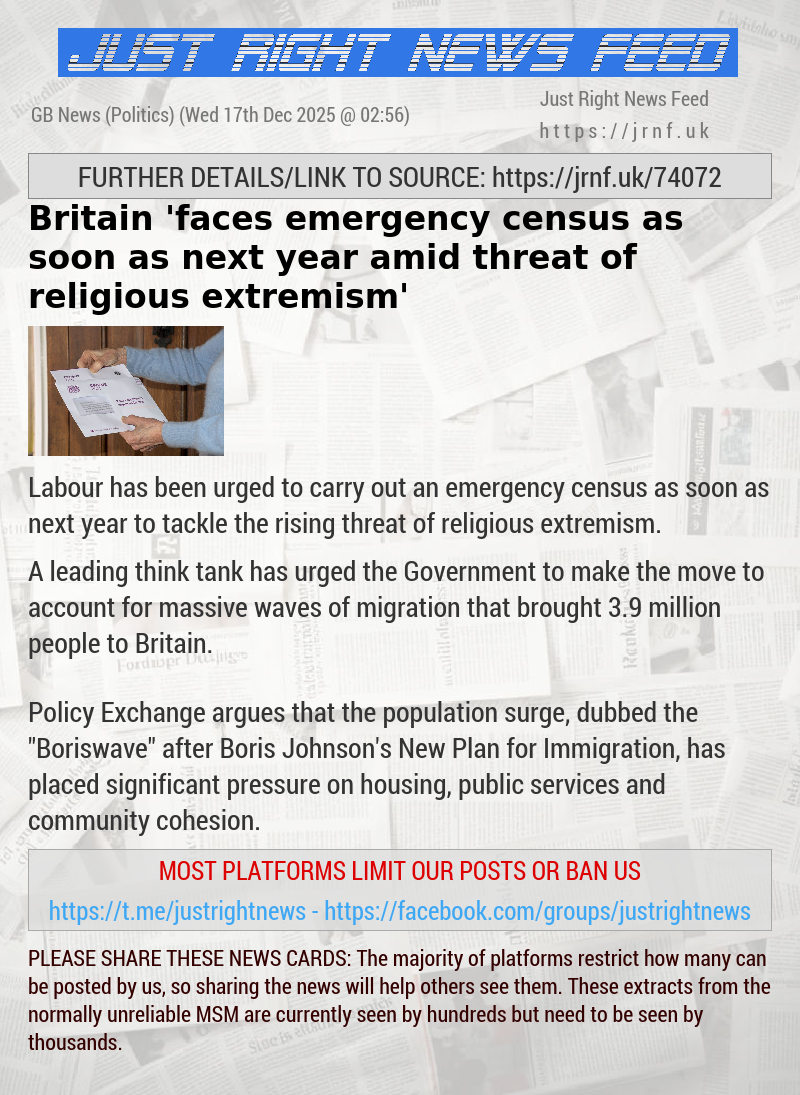 Britain ’faces emergency census as soon as next year amid threat of religious extremism’