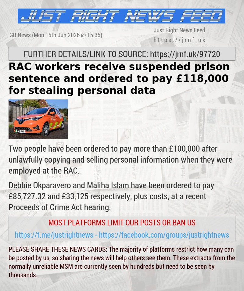 RAC workers receive suspended prison sentence and ordered to pay &pound;118,000 for stealing personal data