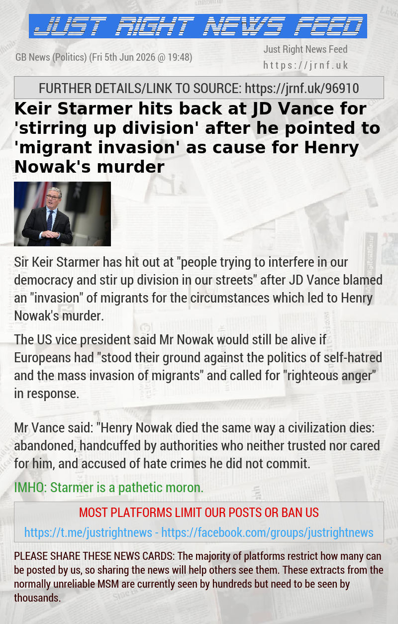 Keir Starmer hits back at JD Vance for ’stirring up division’ after he pointed to ’migrant invasion’ as cause for Henry Nowak’s murder