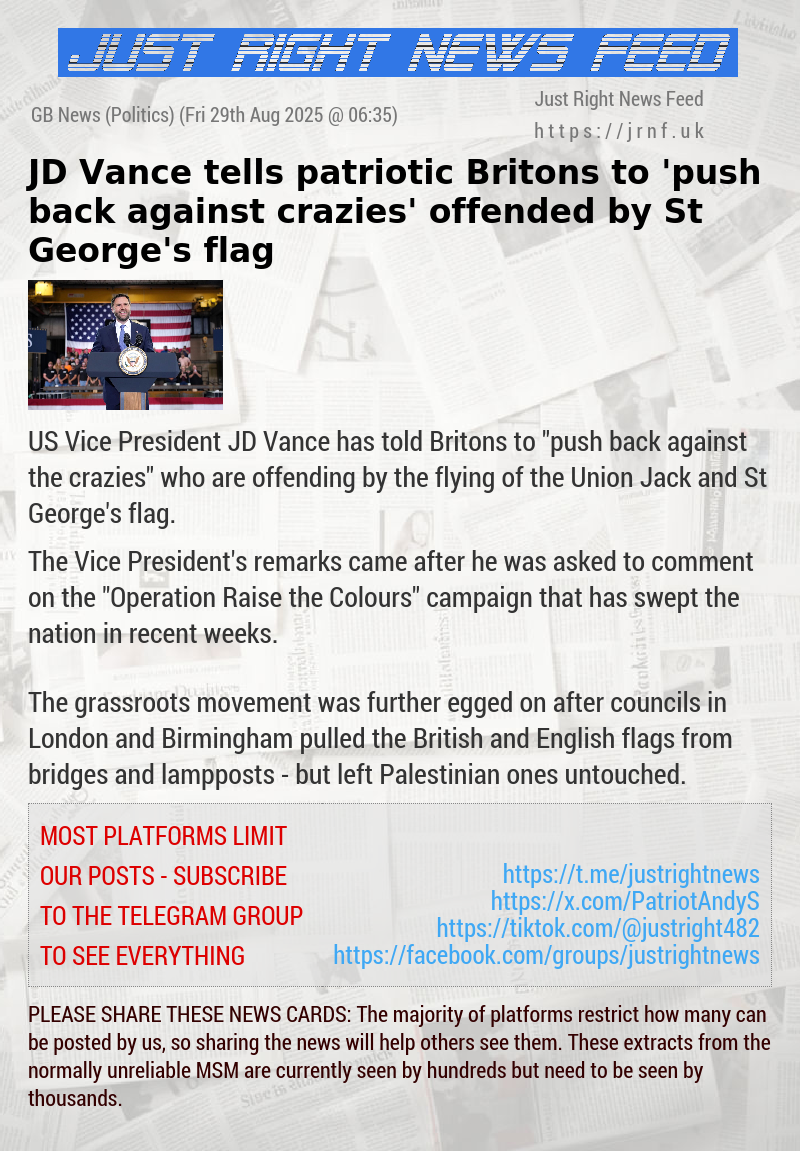 JD Vance tells patriotic Britons to ’push back against crazies’ offended by St George’s flag