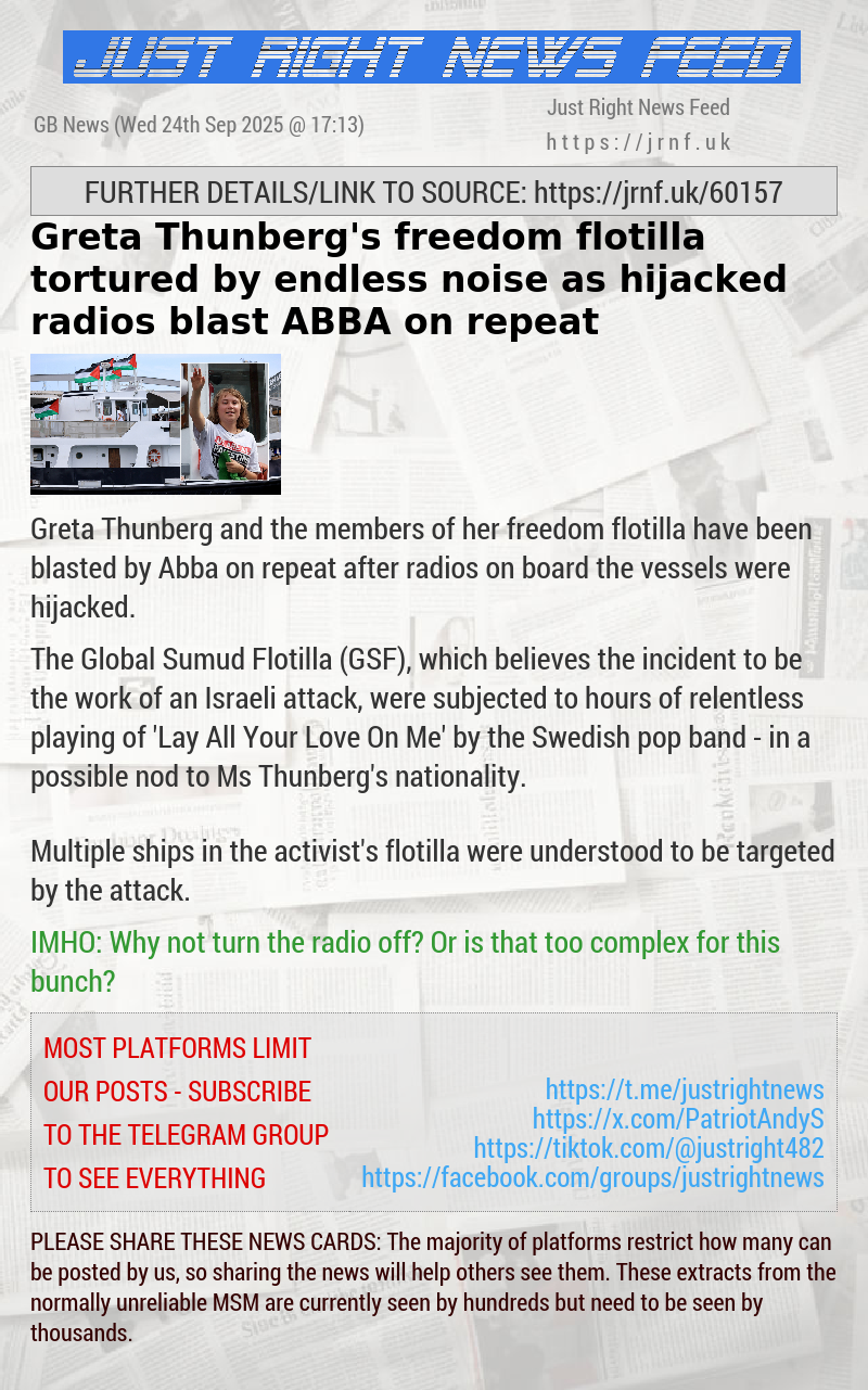 Greta Thunberg’s freedom flotilla tortured by endless noise as hijacked radios blast ABBA on repeat