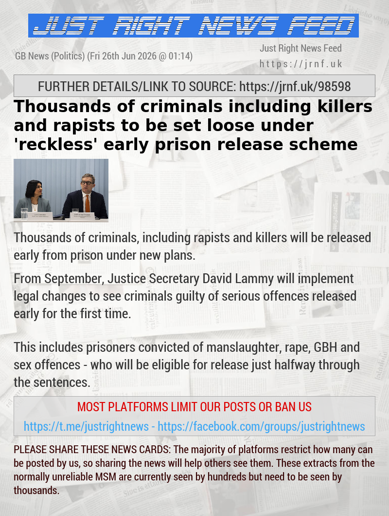 Thousands of criminals including killers and rapists to be set loose under ’reckless’ early prison release scheme