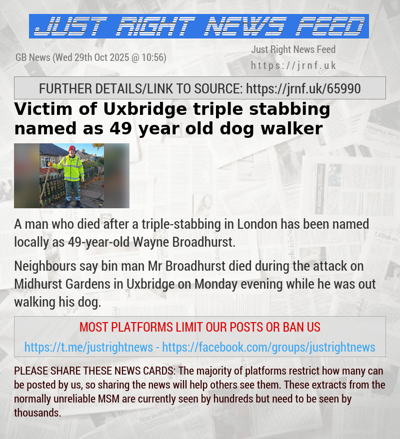 Victim of Uxbridge triple stabbing named as 49—year—old dog walker