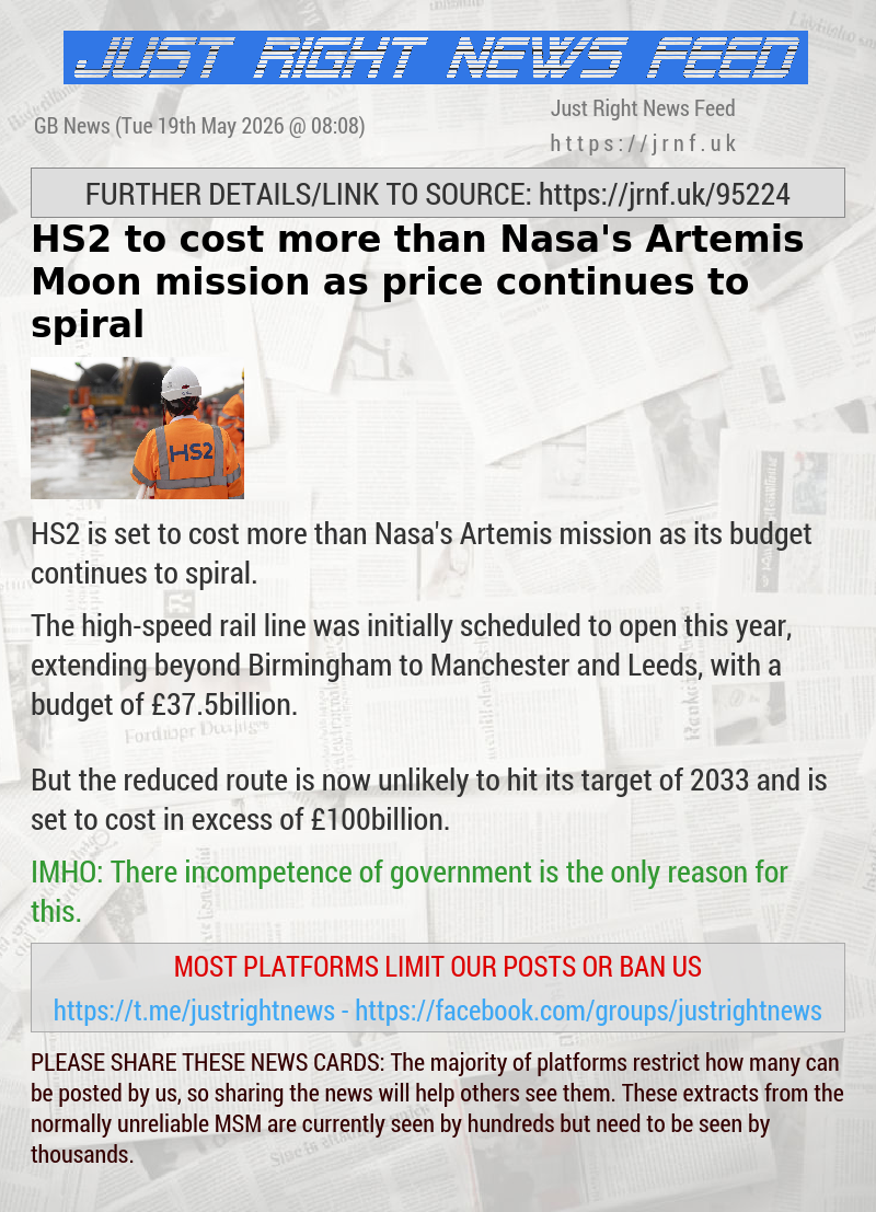 HS2 to cost more than Nasa’s Artemis Moon mission as price continues to spiral
