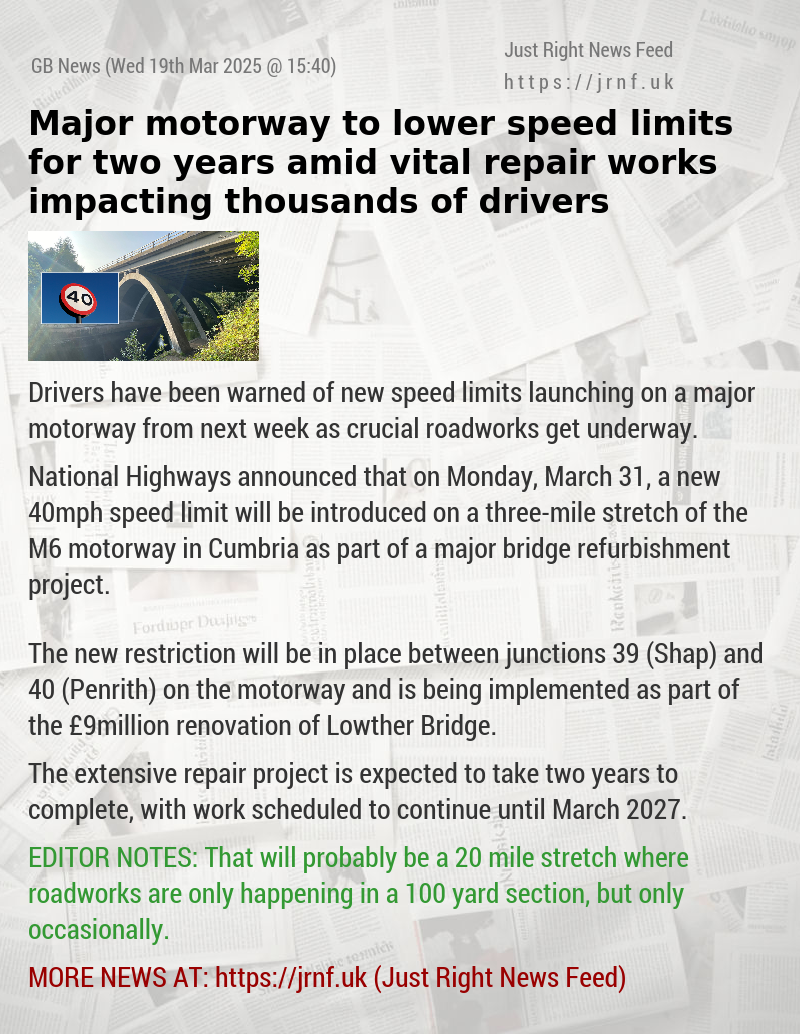 Major motorway to lower speed limits for two years amid vital repair works impacting thousands of drivers