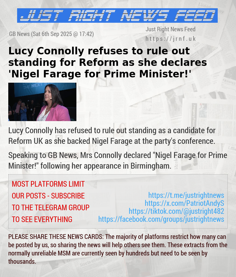 Lucy Connolly refuses to rule out standing for Reform as she declares ’Nigel Farage for Prime Minister!’