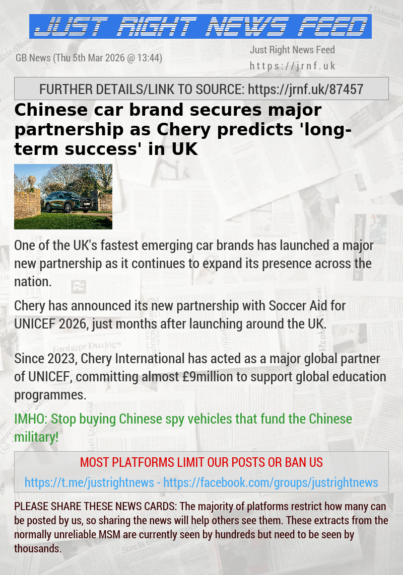 Chinese car brand secures major partnership as Chery predicts ’long—term success’ in UK