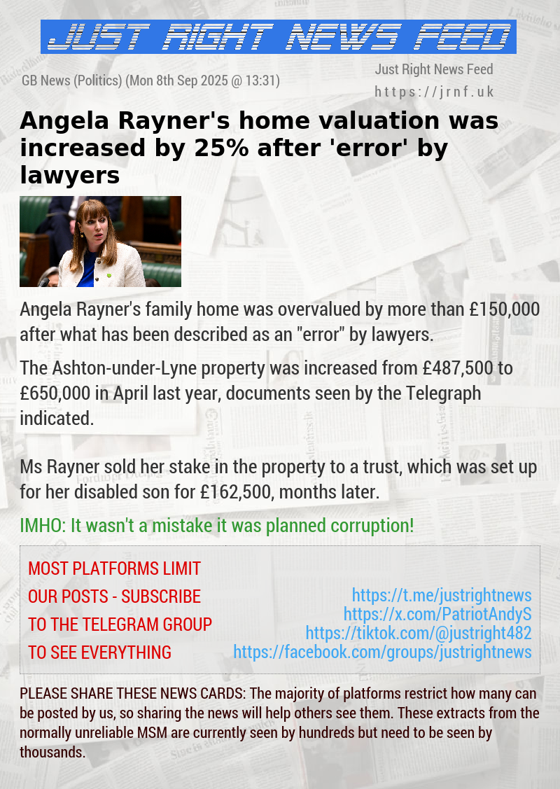 Angela Rayner’s home valuation was increased by 25% after ’error’ by lawyers
