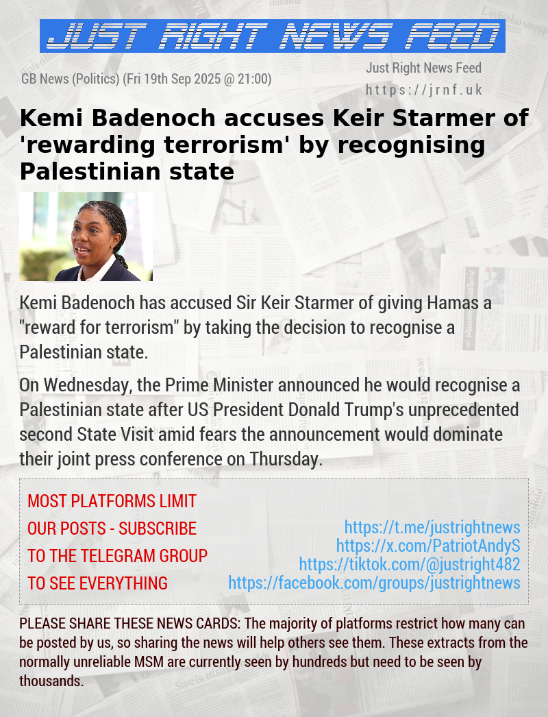 Kemi Badenoch accuses Keir Starmer of ’rewarding terrorism’ by recognising Palestinian state