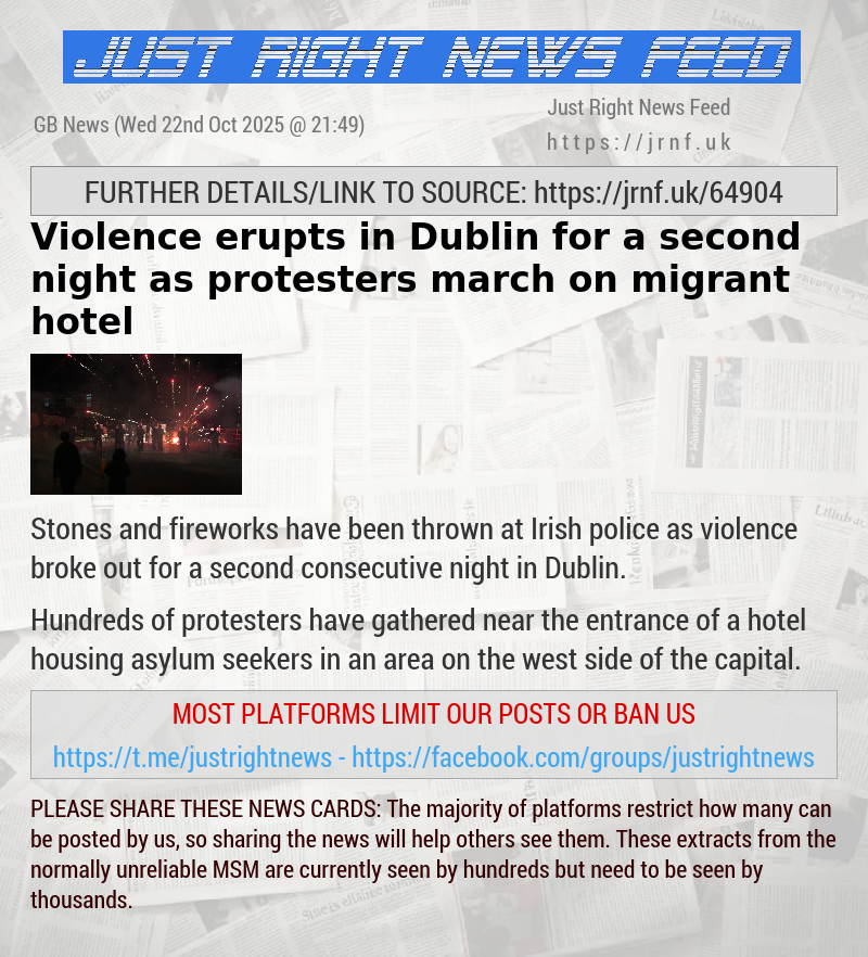 Violence erupts in Dublin for a second night as protesters march on migrant hotel