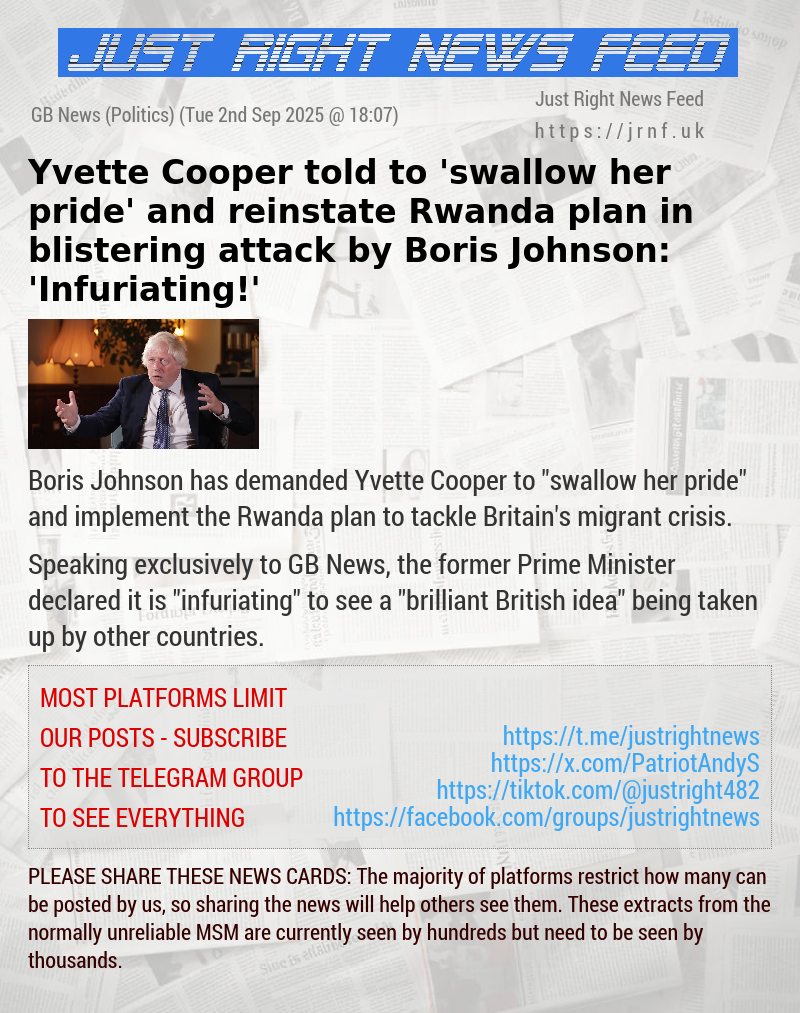 Yvette Cooper told to ’swallow her pride’ and reinstate Rwanda plan in blistering attack by Boris Johnson: ’Infuriating!’