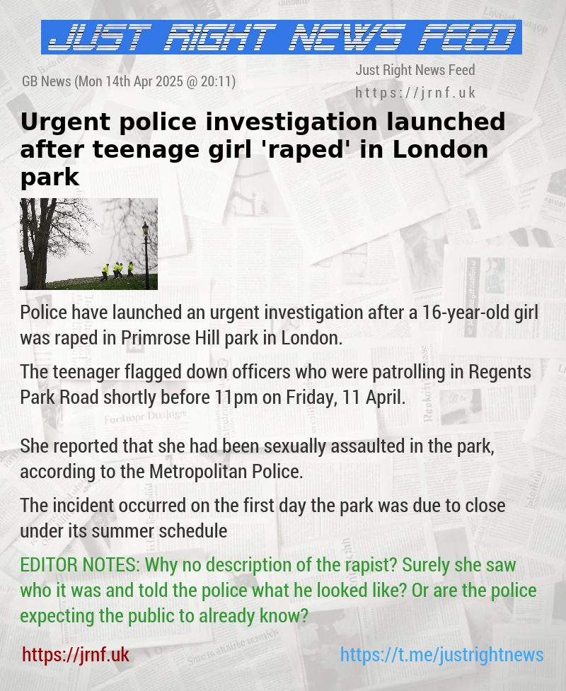 Urgent police investigation launched after teenage girl ’raped’ in London park