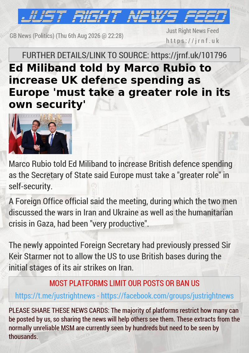 Ed Miliband told by Marco Rubio to increase UK defence spending as Europe ’must take a greater role in its own security’