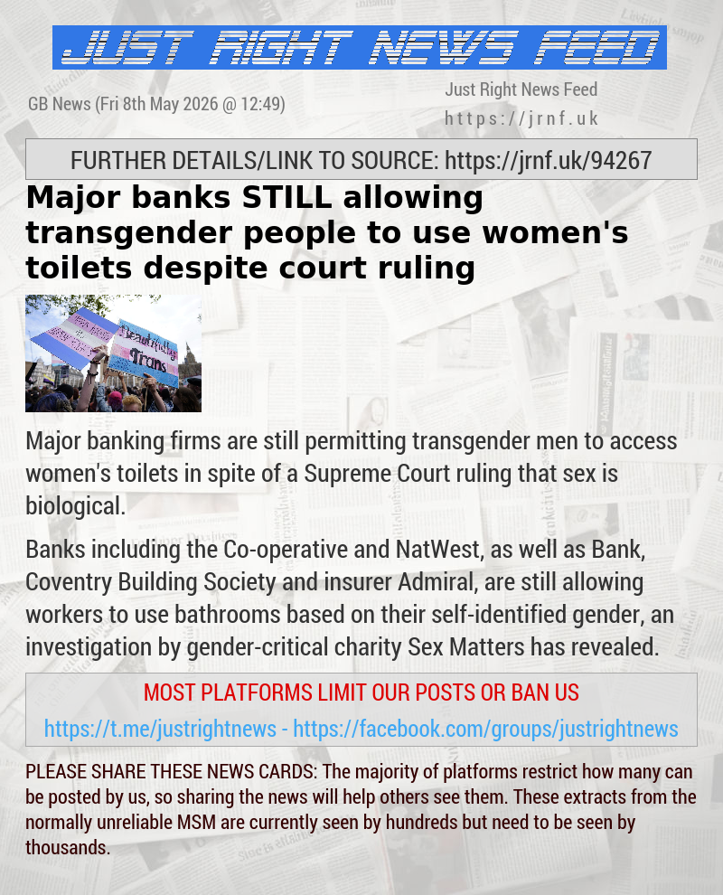 Major banks STILL allowing transgender people to use women’s toilets despite court ruling