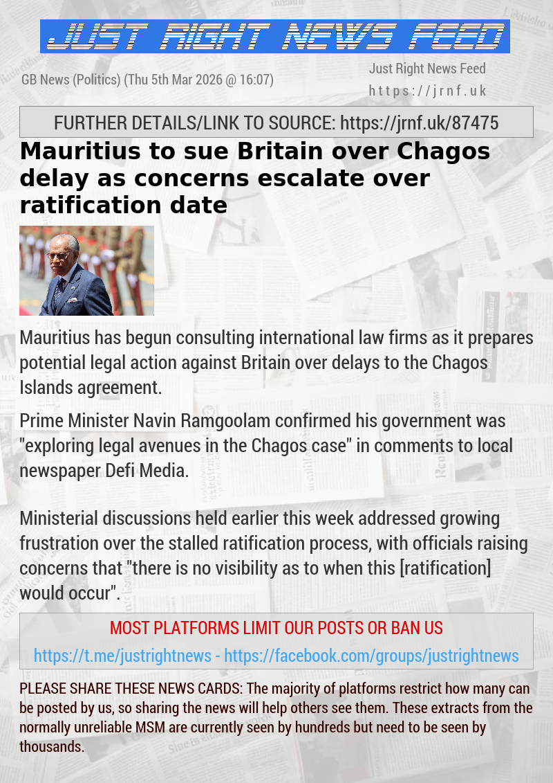 Mauritius to sue Britain over Chagos delay as concerns escalate over ratification date