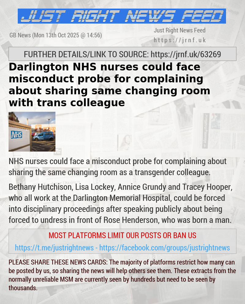 Darlington NHS nurses could face misconduct probe for complaining about sharing same changing room with trans colleague