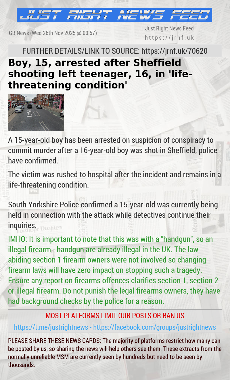 Boy, 15, arrested after Sheffield shooting left teenager, 16, in ‘life—threatening condition’