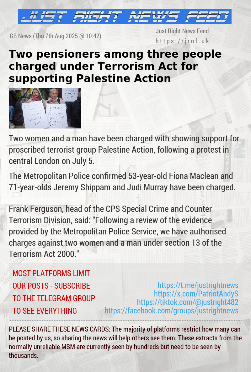 Two pensioners among three people charged under Terrorism Act for supporting Palestine Action