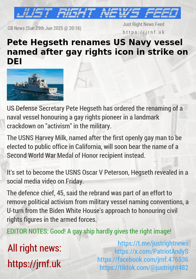 Pete Hegseth renames US Navy vessel named after gay rights icon in strike on DEI