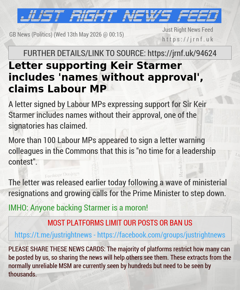 Letter supporting Keir Starmer includes ’names without approval’, claims Labour MP