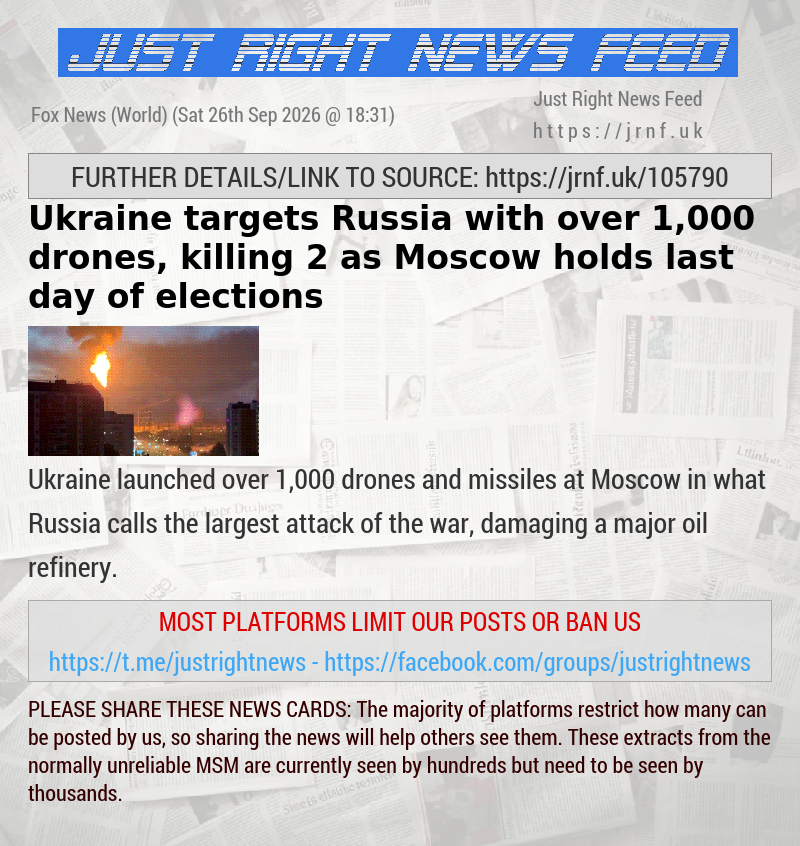 Ukraine targets Russia with over 1,000 drones, killing 2 as Moscow holds last day of elections