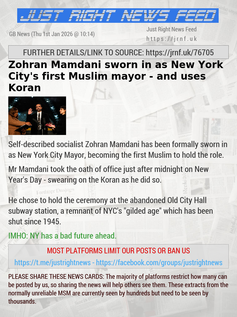 Zohran Mamdani sworn in as New York City’s first Muslim mayor — and uses Koran