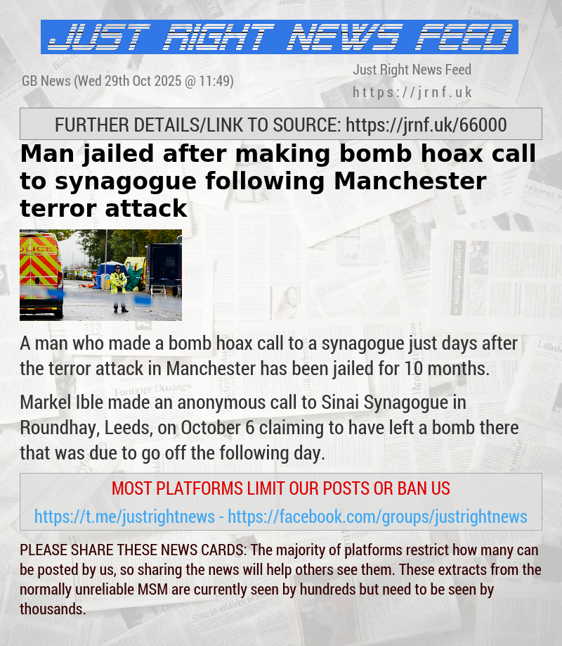 Man jailed after making bomb hoax call to synagogue following Manchester terror attack