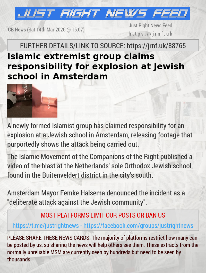 Islamic extremist group claims responsibility for explosion at Jewish school in Amsterdam