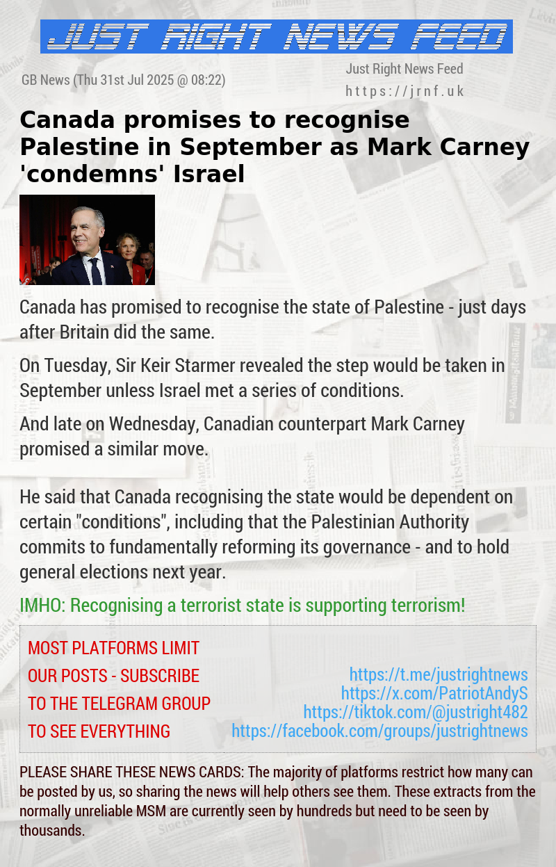 Canada promises to recognise Palestine in September as Mark Carney ’condemns’ Israel