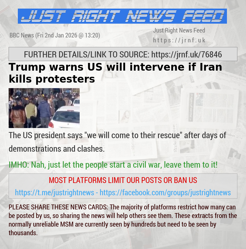 Trump warns US will intervene if Iran kills protesters