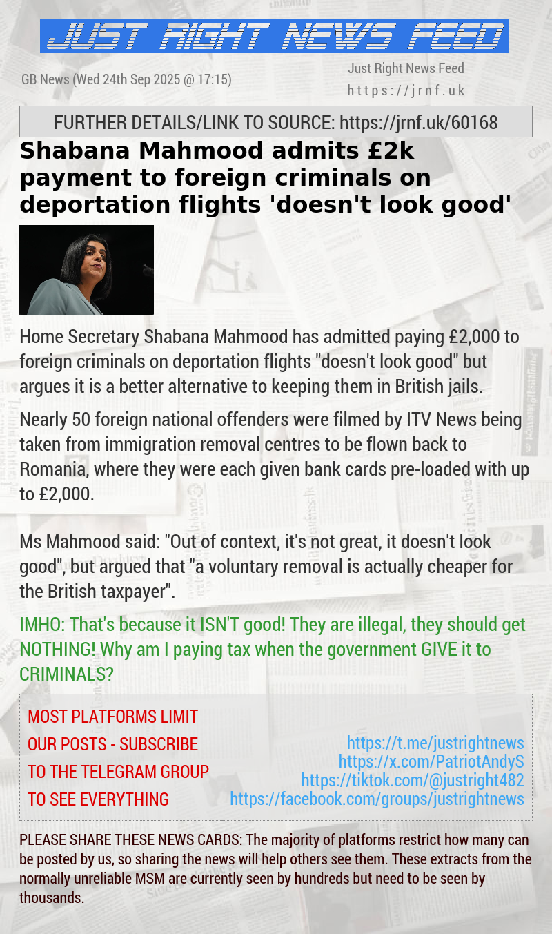 ​Shabana Mahmood admits &pound;2k payment to foreign criminals on deportation flights ’doesn’t look good’