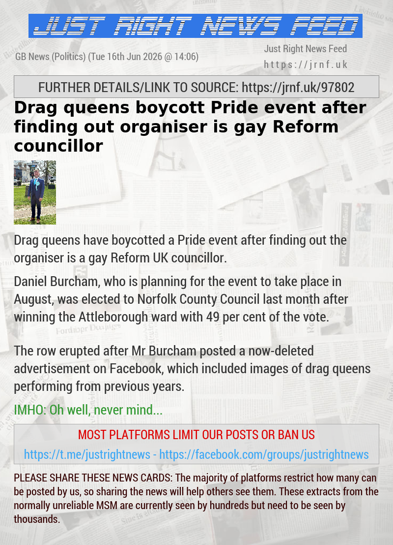 Drag queens boycott Pride event after finding out organiser is gay Reform councillor